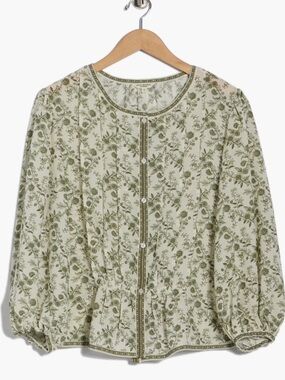 Max Studio Cream and Olive Floral Button-Front Bubble Sleeve Blouse